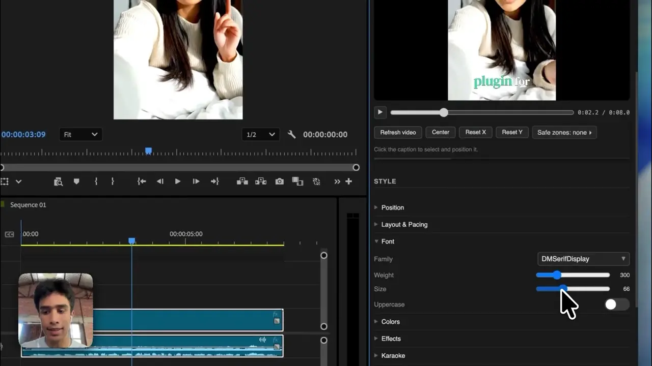 Caption presets plugin open next to an Adobe Premiere Pro timeline