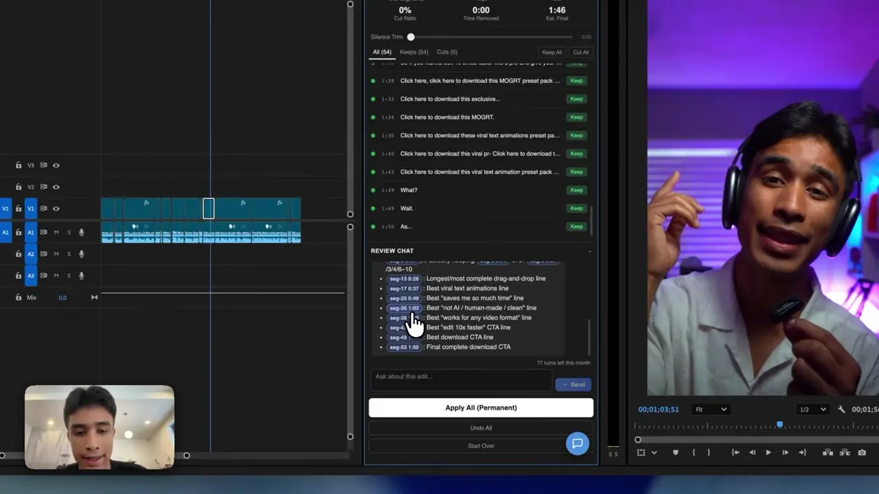 Premiere Pro timeline and Claude transcript analysis shown together